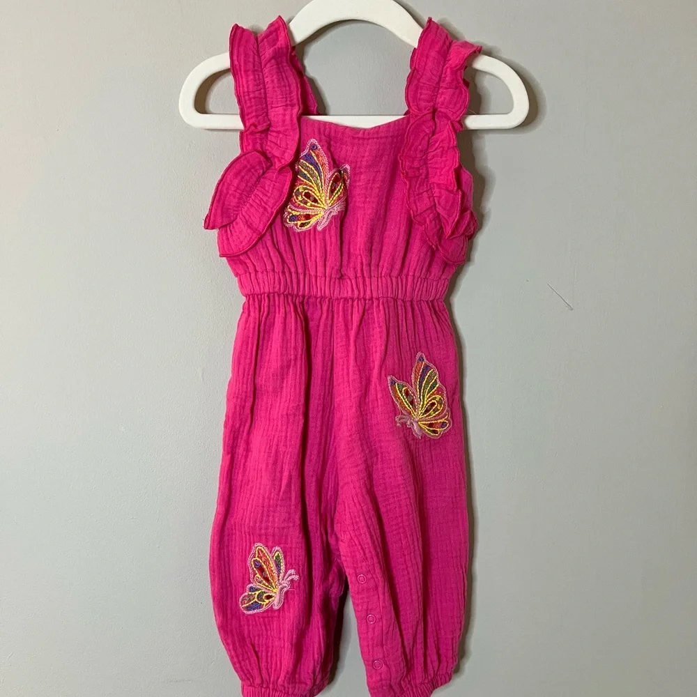 Pink Ruffled Kids Jumpsuit with Butterfly Accents size 12 month NWOT